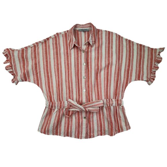 Marc New York Red White Striped Ruffle Sleeve Belted Button Shirt Top S Linen - Picture 1 of 8